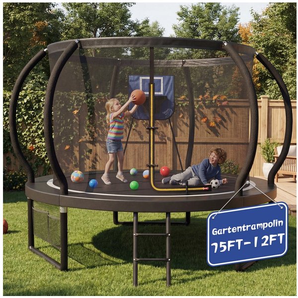 GUNJI Gartentrampolin Basketballkorb-Trampolin, Durchmesser 228/305 cm, Kindertrampolin, Ø 228 cm, (Enthält Leiter, Sicherheitsnetz, Schuhnetz, 360°-Schutzgitte