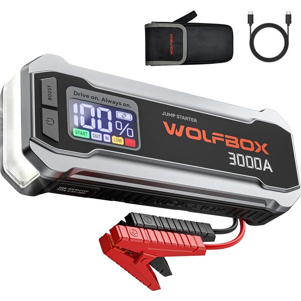 WOLFBOX 12V 3000A Starthilfe (unterstützt bis zu 8L Benzin oder 6L Diesel) Starthilfegerät (12 V, 1 St), mit Booster und LED-Taschenlampe