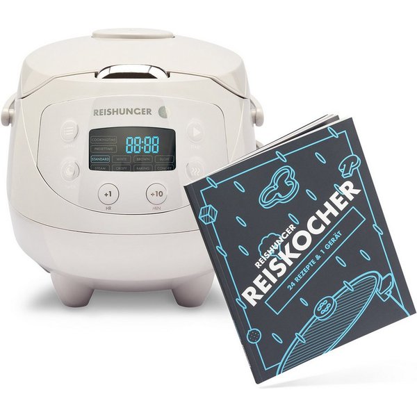 Reishunger Reiskocher Digital Mini – 0,6 L – Multikocher – 8 Programme – Keramikbeschichtung, 350 W, Dämpfeinsatz, Messbecher, Reislöffel, Timer- und Warmhaltef