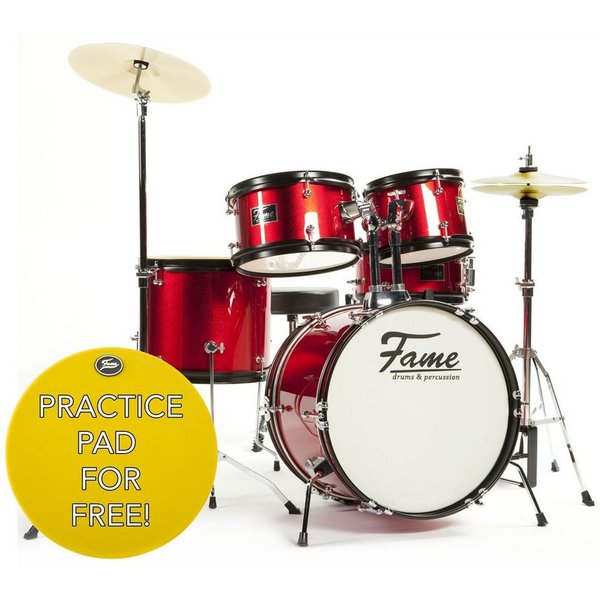 FAME Schlagzeug,Kiddyset 5 PC Junior Drumset Red Kinderschlagzeug mit Bass Drum Toms Snare Hardware und Hocker von 3 -10 Jahren mit Zubehör und Drumsticks, Schl