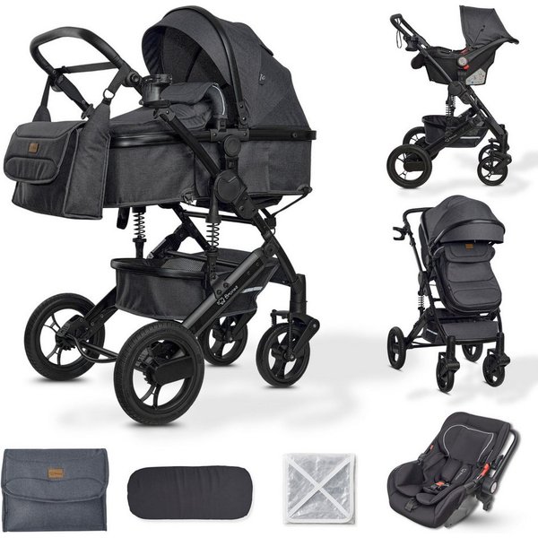Bronea Kombi-Kinderwagen EXQUISE 2.0 Kinderwagen 3in1 mit MATRATZE, BUGGY & AUTO-BABYSCHALE, (Set), NEUES HOCHWERTIGES MODELL,Wickeltasche,Regen-, Mücken- & Son