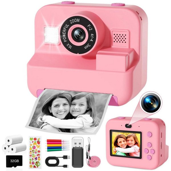 Minicloss 1080P HD Sofortbildkamera für Kinder, Digitalkamera für Kinder, Kinderkamera (inkl. Enthält Druckpapier, 32G TF-Karte, bunte Stifte, niedliche Aufkleb