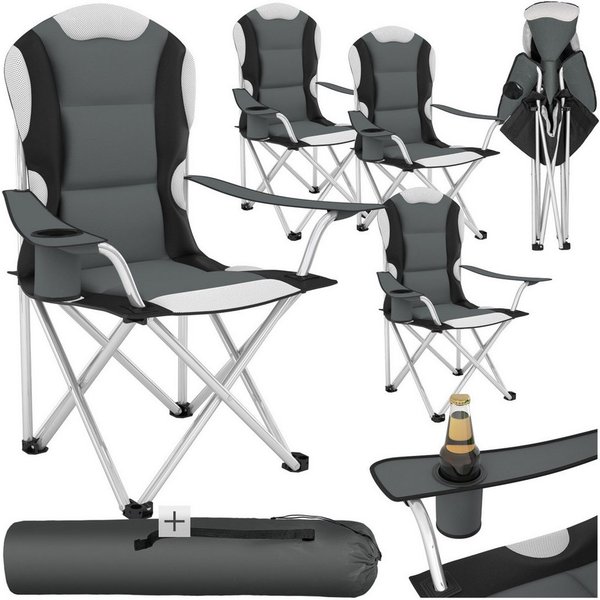 tectake Campingstuhl Gartenstuhl mit Polsterung, faltbar, 60 x 88 x 105 cm (Outdoor Klapptstuhl für Außen in Grau, 4 St), gepolstert, mit Getränkehalter, gering