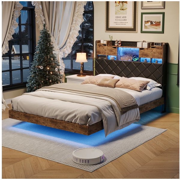 zebery Polsterbett Doppelbett mit LED-Beleuchtung und Ladestation, Jugendbett 140x200cm mit USB&Typ-C,Metallrahmen