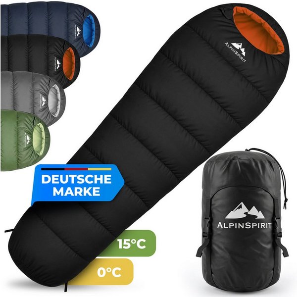 AlpinSpirit Mumienschlafsack [Ultraleicht] 3 Jahreszeiten Sommer & Winter, Packmaß, 210x75 cm (Festival, Trekking, Outdoor, Camping), 2 Wege Reißverschluss, 3 J