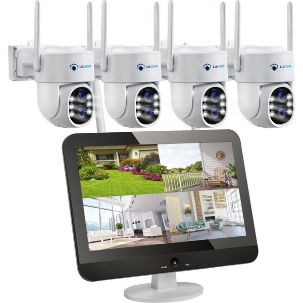 LUVISION Überwachungskamera K8210-W6+PJ2131-W6 4er (Außen- und Innenbereich, 4-tlg., WLAN Funk Überwachungssystem mit 12,5 Monitor Überwachungskamera Set, PTZ, 