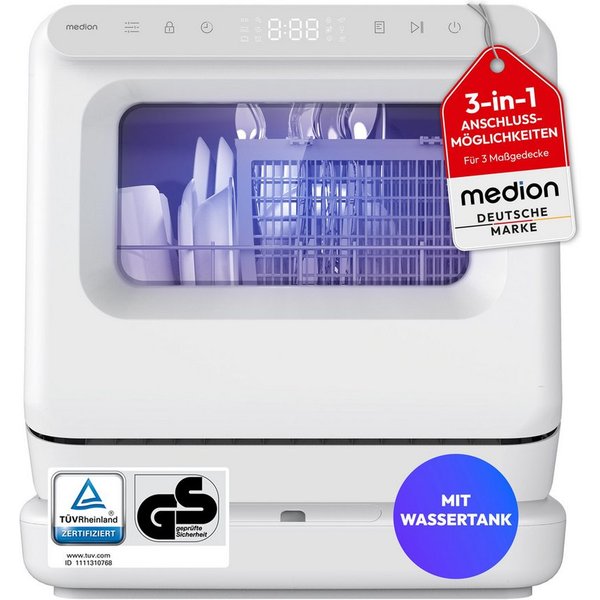 Medion® Tischgeschirrspüler MD370022, 3 Maßgedecke, 6 Programme, 3 Maßgedecke, LED Touch Display, Touchscreen