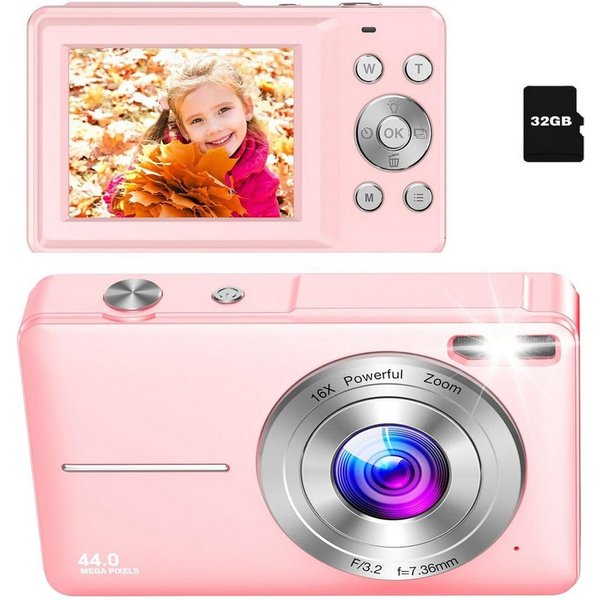 AKKEE Digitalkamera 1080P 44MP Kompaktkamera mit 32G Karte 16X Digitalzoom Kompaktkamera (44 MP, Anti-Shake, Serienaufnahmen, Timer-Aufnahme, Gesichtserkennung)