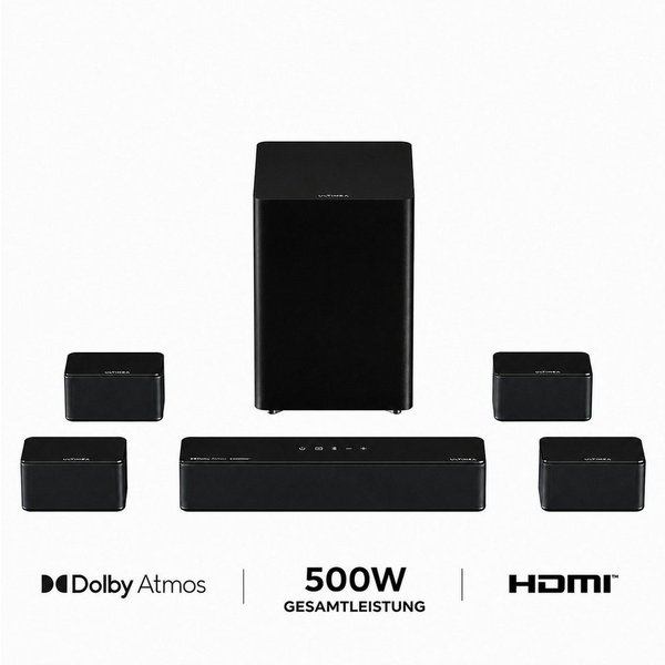Ultimea Poseidon D80 Boom Soundbar 7.1 Surround Sound System (4 kabelgebundene Surround-Lautsprecher) (Bluetooth, HDMI, 500 W, 6.5'' Wireless Subwoofer, Dolby A