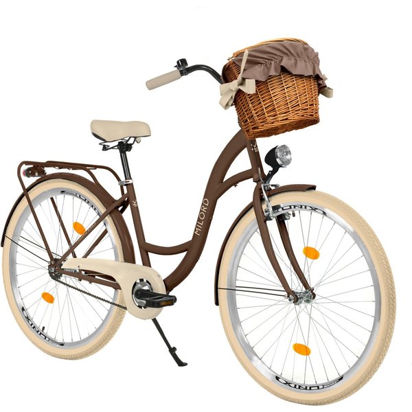 Milord Cityrad Damenfahrrad Citybike Mit Weidenkorb Fahrrad 26/28 Zoll 1-Gang Braun, 1 Gang, (Fahrradständer, Gepäckträger, Klingel, Korb, Kotflügel)