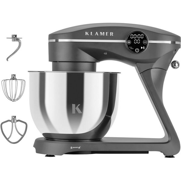 KLAMER Küchenmaschine 1800W, 6L Edelstahl-Schüssel, Knetmaschine mit 10 Geschwindigkeiten & Timer, grau, 1800 W, 6 l Schüssel, Spritzschutz, 3 Werkzeuge, Saugfü