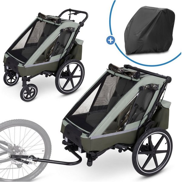 ABC Design Fahrradkinderanhänger Tour 2 - Olive, Fahrradanhänger Kinderwagen & Jogger für 2 Kinder mit Faltgarage