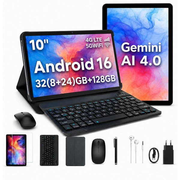 KINGRID 10" 4G LTE W8 Tablet Android 16 mit Tastatur/Stift/Maus/Kopfhörer Tablet (10.1", 128 GB, Android16, 4G(LTE), 6000mAh, Gemini AI 4.0, 5G WiFi, Widevine L
