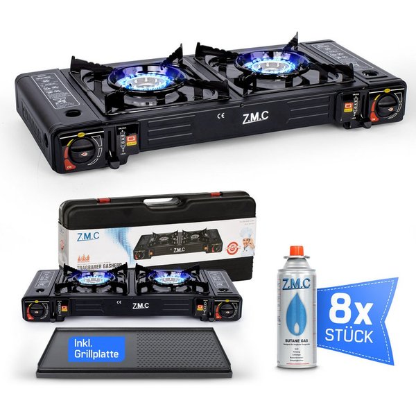 ZMC Gaskocher 2in1 Campingkocher mit Grillplatte 2 Flammig + 8x Gaskartuschen 227g, (mit Piezozündung Grill Platte Tischgrill Doppel Gasbrenner Gasgrill Kochfel