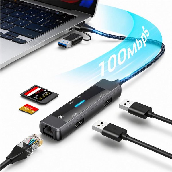 ibettertec 5-in-1 USB 3.0 Hub mit RJ45 Ethernet Adapter, USB-A & USB-C, SD/TF USB-Adapter Kartenleser, 100 Mbit/s, kompakter Multiport Adapter für Laptop zu Tab