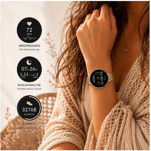 XCOAST SIONA2 ultraflache Damen Smartwatch (4,2 cm) AMOLED, Frauen Smartwach, Armbanduhr, 1-tlg., Edelstahl, dezente Damen Smart Watch, 7 Tage Akku, Blutdruck, 