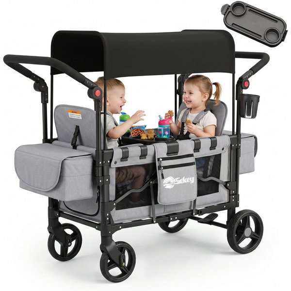 Sekey Bollerwagen für Kinder zum Sitzen, Bollerwagen Faltbar Kinderwagen für 2 Kinder, Duo Schiebegriff Kinderwagen mit 2 integrierten 5-Punkt-Gurtsystem