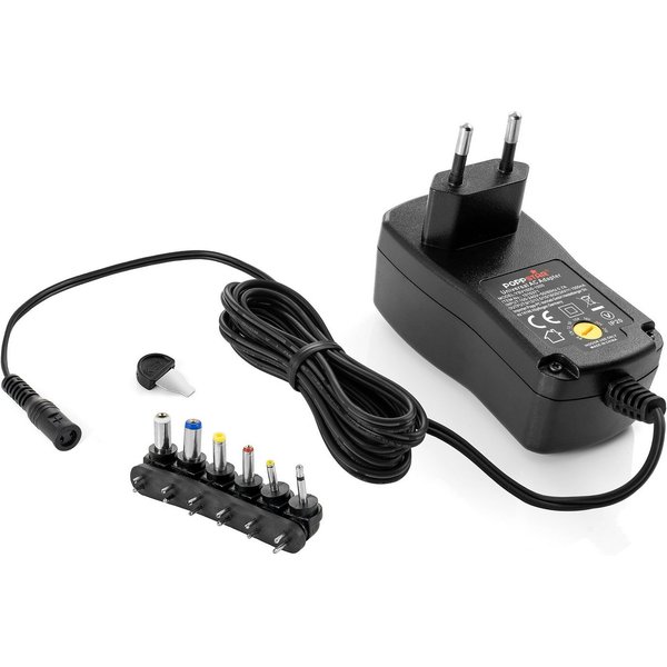 Poppstar Netzteil 9V 12V 13,5V 15V 18V 20V 24V mit 1A Universal-Netzteil (1000mA Schaltnetzteil mit 6 Wechselsteckern, LED, Kabel 150cm)