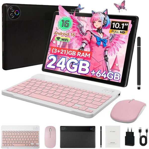 Happybe 10’’ HD Android, 64GB, WiFi6 mit Tastatur, Maus und Stift Tablet (10", 64 GB, Android 16, WiFi6, Großbs Display Tablet mit Stift, Tastatur und Maus, Wid
