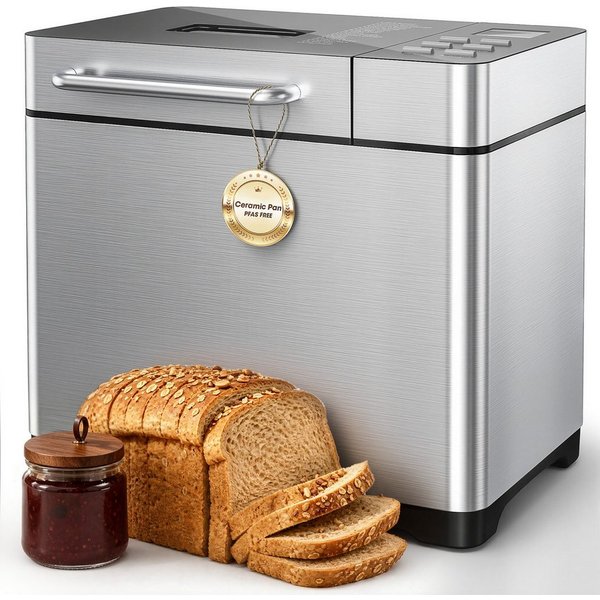 Furnicopia Brotbackautomat 19-in-1 Brotbackautomat, 1kg, Edelstahl, Timer, automatische Beigabe, 19 Programme, 710 W, 19 Programme, 3 Krustenfarben 3 GroBen,Ker