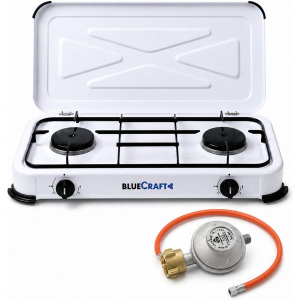 BlueCraft Gaskocher 2 flammig 50mbar Propan Gas Campingkocher 4,4 kW Gas-Kochfeld Gasherd, (mit Schlauch 100 cm und Gas Regler Druckminderer), Camping Gas Koche