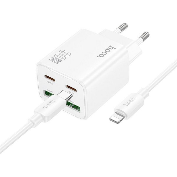 hoco. N56 USB-Ladegerät (3000 mA, Einzelartikel, Inklusive 1 m USB-C-auf-iPhone-Kabel, PD + QC3.0 Schnellladen, 30W, 4 Ports, inkl. iPhone-Kabel)