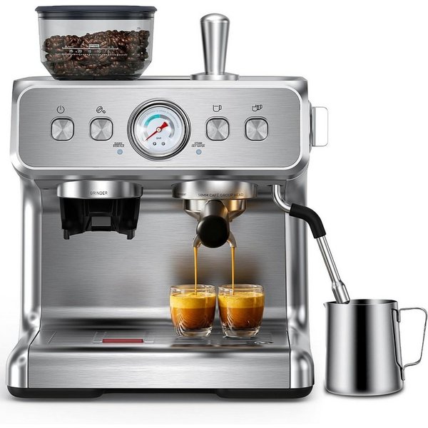 COWSAR Espressomaschine Kaffeemaschine mit integriertem Kegelmahlwerk,30 Mahlgradeinstellungen,PID-Temperaturregelung, Manometer, Edelstahl-Espressomaschine mit