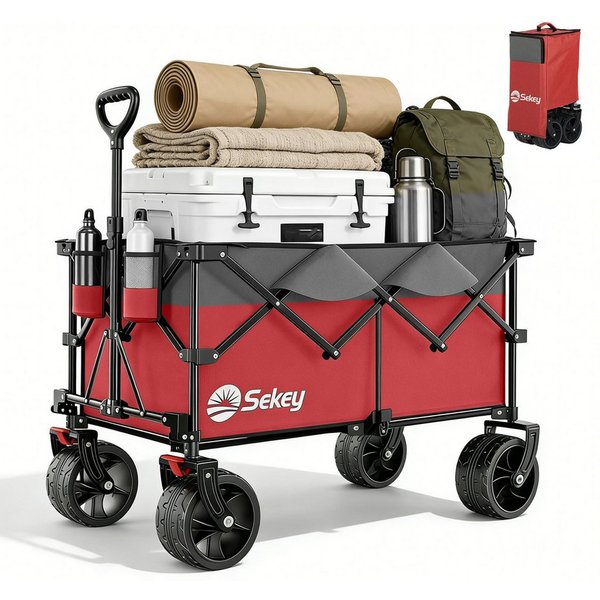 Sekey Bollerwagen Faltbar Handwagen Faltbollerwagen mit extra breiten All-Terrain-Rädern, XXL Plus Bollerwagen 200L 200KG Belastbar, 4-Wege-Sofortaufbau