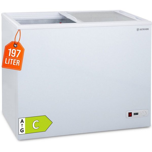 GastroHero Gefriertruhe Tiefkühltruhe ECO 200 mit Glasschiebedeckel TKTR-ECO200N, 96 cm breit, 197 l, 70 mm Isolierung, statische Kühlung, mechanisches Thermost