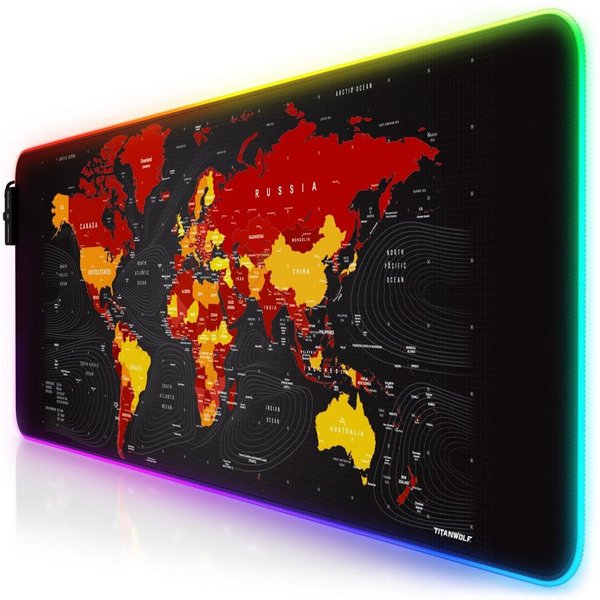 Titanwolf Gaming Mauspad RGB Mousepad 800 x 300 x 3 mm, LED Multi Color XL Tischunterlage (1-St), rutschfest, abwaschbar, Geschwindigkeit & Präzision, Weltkarte