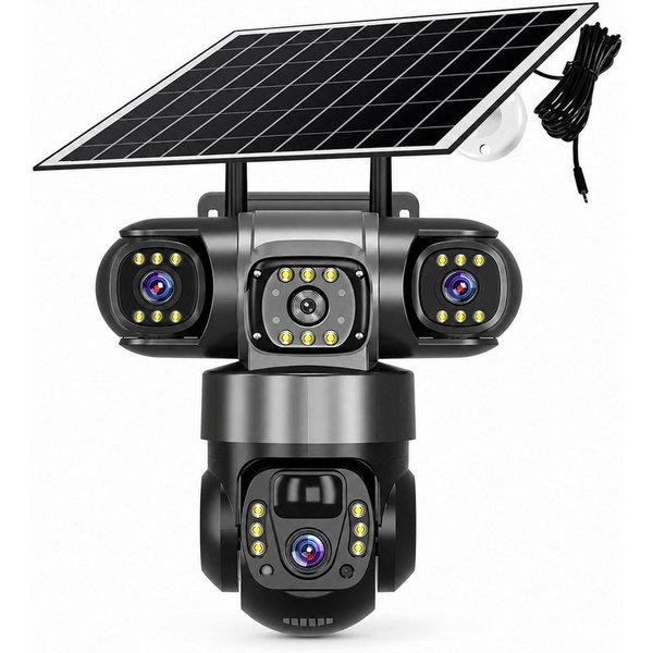 HS.SUPPLY Überwachungskamera Solar Überwachungskamera Außen WLAN PTZ 15MP 3-Linsen IP66 (Innenbereich, Außenbereich, Komplett-Set, Direkt einsatzbereit, Drei Ob