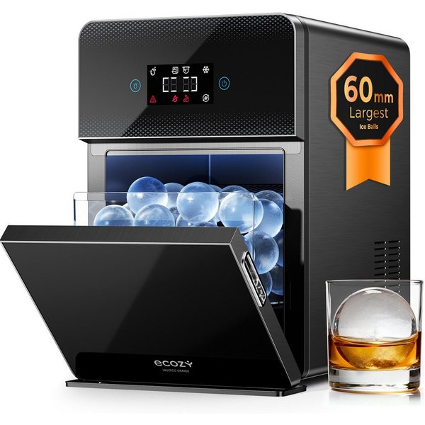 eCozy Eiswürfelmaschine für kristallklare Eiskugeln Ø 60 mm, extragroß, 3 Eiskugeln in 45 Min, Selbstreinigung, Duale Wasserzufuhr, LED-Display, 96 Eiskugeln/Ta