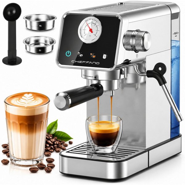 CHEFFANO Siebträgermaschine 20 Bar, Espresso Kaffeemaschine mit Milchaufschäumer, Edelstahl Espressomaschine für Cappuccino Latte, Edelstahlfilter, Extraktion