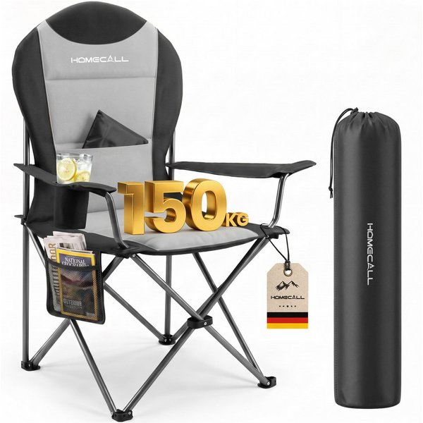 HOMECALL Campingstuhl Hochlehner 110cm mit Lendenwirbelstütze Klappstuhl Angelstuhl Faltbar (Bis 150kg, gepolstert, faltbar, stabil, 1 St), für Camp Garten Balk