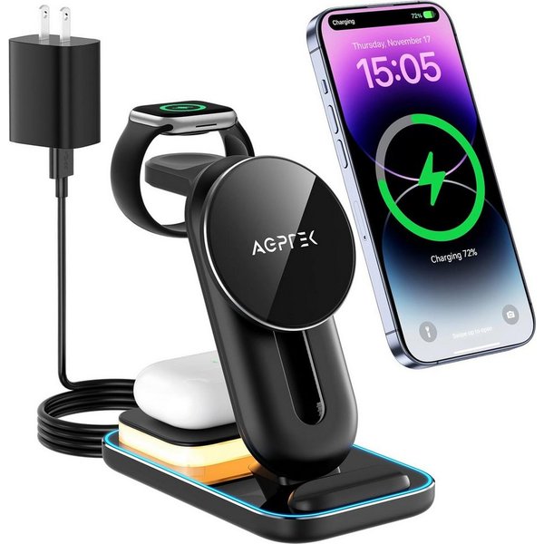 AGPTEK Ladegerät 4-in-1 Wireless Magsafe Nachtlicht iPhone iWatch AirPods Wireless Charger (4-in-1 Wireless Ladeset mit Schnellladegerät & Nachtlichtfunktion, K