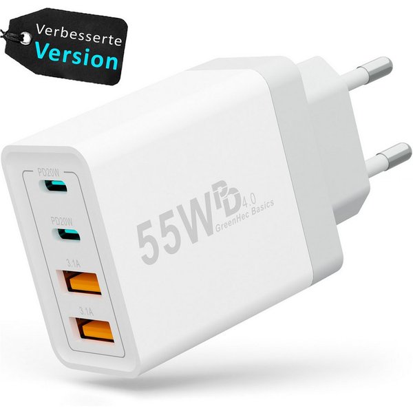 GreenHec Schnellladegerät USB-C iPhone mehrfach Handy Stecker Adapter mit Kabel USB-Ladegerät (0,00 mA, Spar-Set, 55w Quarto Charger + 1m USB-C Kabel, iPhone 17