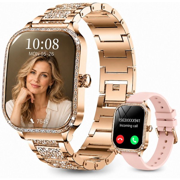 Fyrove Fitnessuhr Damen, Sportuhr, Aktivitätstracker Smartwatch (4,45 cm), Bluetooth-Armbanduhr mit Telefonfunktion, Damen Uhr für Fitness, 2 Armbänder, persona