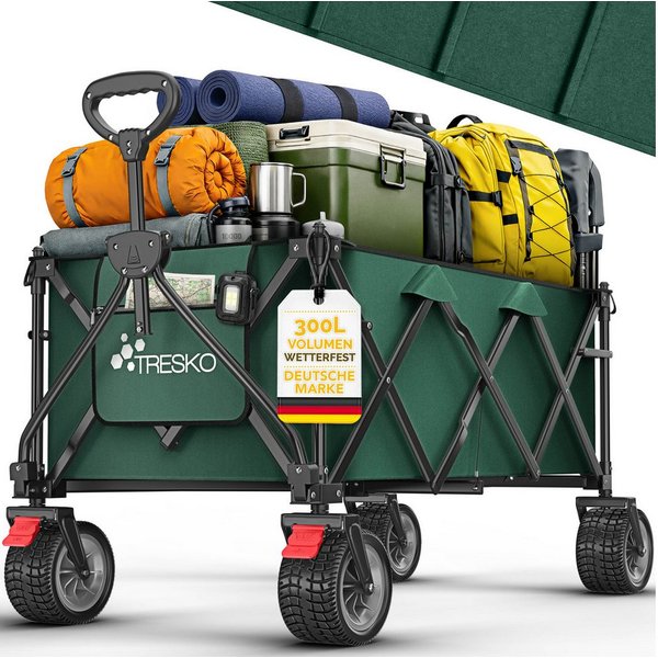 TRESKO Bollerwagen Bollerwagen faltbar 300L mit Bremse Handwagen klappbar 150kg (inkl. Vollgummireifen Faltbarer Strandwagen mit Extra Breite All-Terrain-Räder,