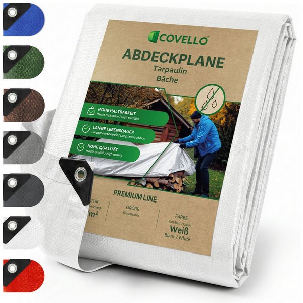 Covello Schutzplane 140g/m² weiß, Abdeckplane mit Ösen wasserdicht, Plane UV-stabilisiert in vielen verschiedenen Farben & Größen