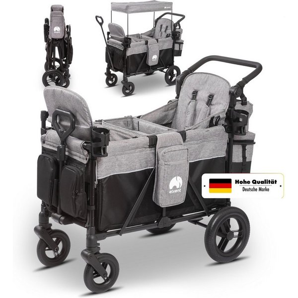 elvent Bollerwagen ComfortPlus 2, Kompakt faltbar, Für bis zu 2 Kinder, Ideal für Ausflüge und Alltag
