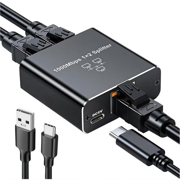 ibettertec LAN-Splitter 1 bis 2 1000 Mbit/s, RJ45 mit USB-C-Netzteil Netzwerk-Switch (Für Computerhub, Router, Set-Top-Box, Digitalfernseher)