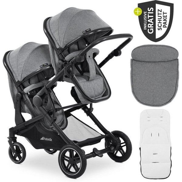 Hauck Zwillingsbuggy Atlantic Twin - Melange Grey, Zwillingskinderwagen ab Geburt bis 36 kg Babywanne umbaubar & Zubehör