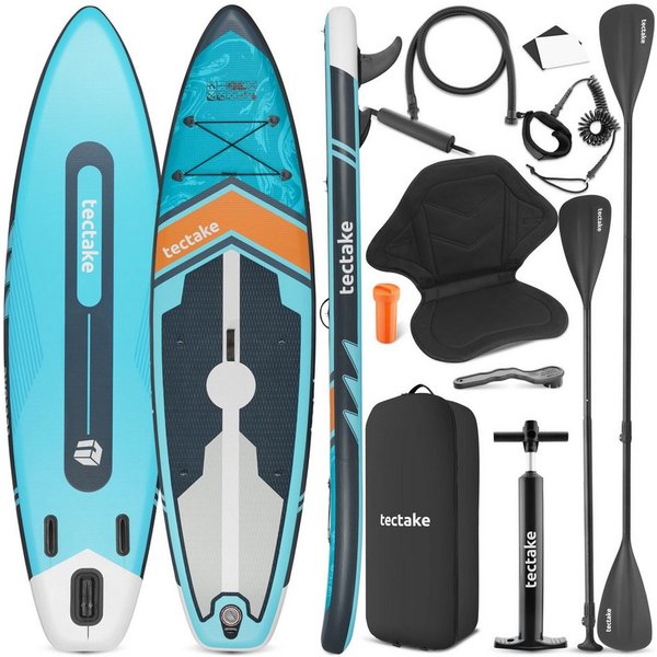 tectake SUP-Board Aufblasbares Paddelbrett mit Kajak-Sitz, bis 200 kg, rutschfest, Stand-up Paddle, (Aufblasbares Sup Board Palagios, in Türkis/orange), Inkl. Z