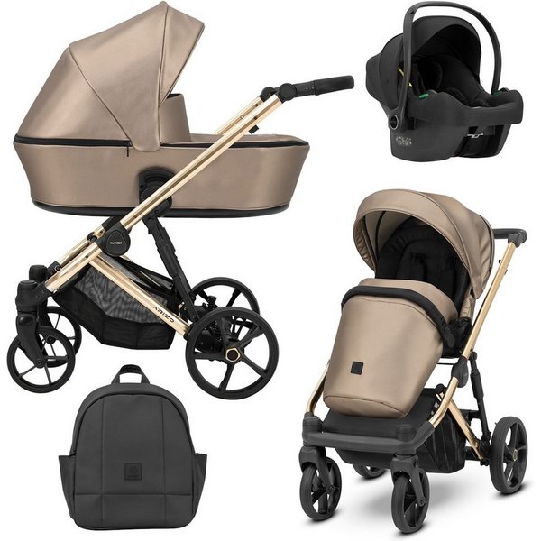 KUNERT Kombi-Kinderwagen ARIZO PREMIUM 3in1 Öko-Leder Kinderwagen mit goldenem Gestell, Leichtgewichtige Aluminiumkonstruktion, 5-Punkt-Sicherheitsgurt