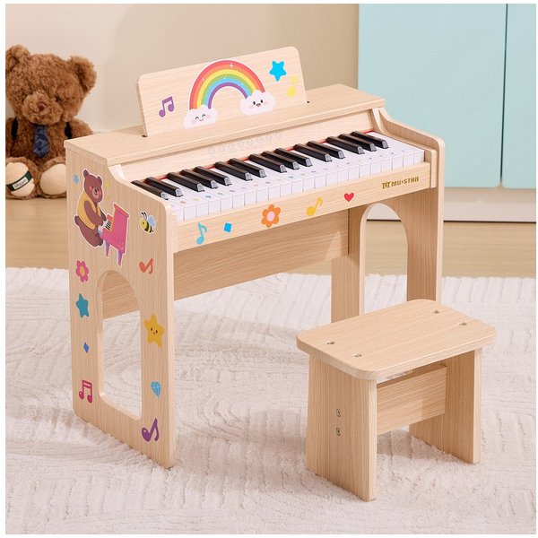 MUSTAR Klavier aus Holz mit Hocker, Notenbuch und Aufklebern, 37 Tasten (2-St., mit Piano Bench), 37 Tasten Kinderklavier, DIY Lernaufkleber & Tastaturaufkleber