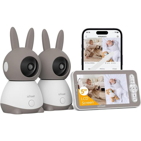 Boifun Video-Babyphone Babyphone mit 2 Kameras WLAN 5 Zoll Video Babyphone 2K/3MP PTZ 355°, Nachtlicht, 300m Reichweite, Zwei-Wege-Audio, 4X Zoom, 1-tlg., Weine