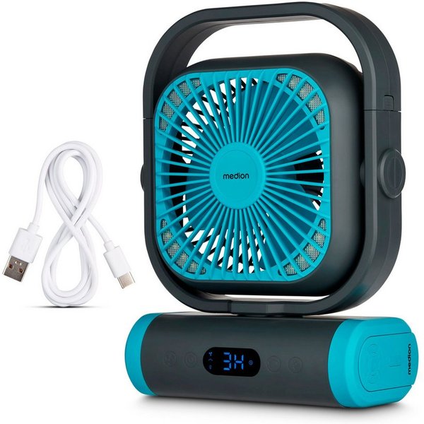 Medion® Akku-Ventilator MEDION LIFE Camping Ventilator E10 TF, 5 Stufen, 20 W, Neigbarer Kopf, Timer, Oszillation 110°, Haken zum