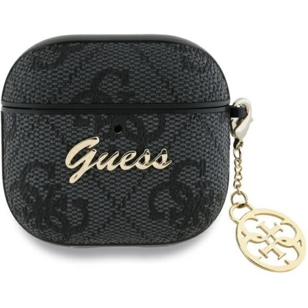 Guess Kopfhörer-Schutzhülle Case AirPods 4 Kunstleder grau Logo Metal Kette goldfarbig, Kantenschutz