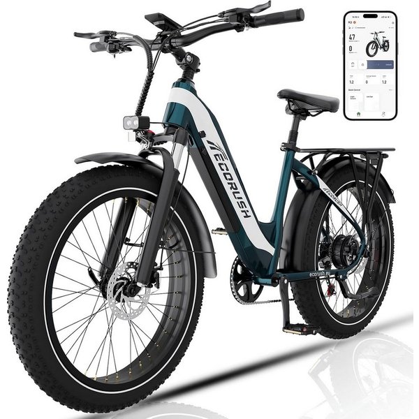 ECORUSH E-Bike Mountainbike 26*4,0 Zoll Elektrofahrrad 48V20Ah bis zu 150km, 7 Gang shimano shimano Schaltwerk, Kettenschaltung, Heckmotor, 960 Wh, Pedelec MTB 