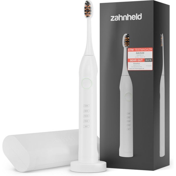 Zahnheld Elektrische Zahnbürste Schallzahnbürste Gero mit Etui weiß, 5 Putzmodi, Zahnpflege, Mundpflege, Reisezahnbürste, Zahnbürste mit Schall, USB Ladestation